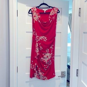 Red and cream floral well fitted midi dress.